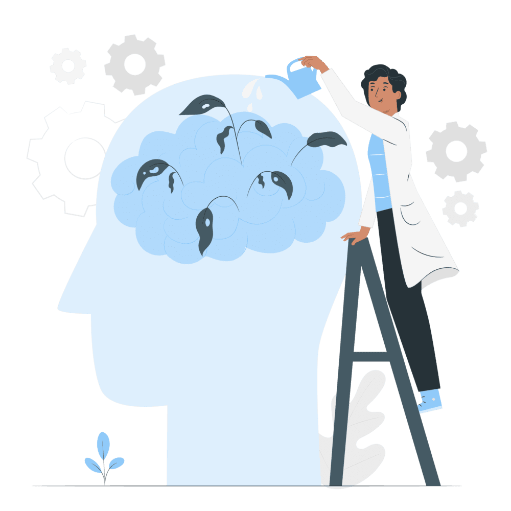 AXIS MUNDI travaillant activement à favoriser la santé mentale en entreprise des salariés, représenté par une professionnelle arrosant métaphoriquement un cerveau pour symboliser le soin mental