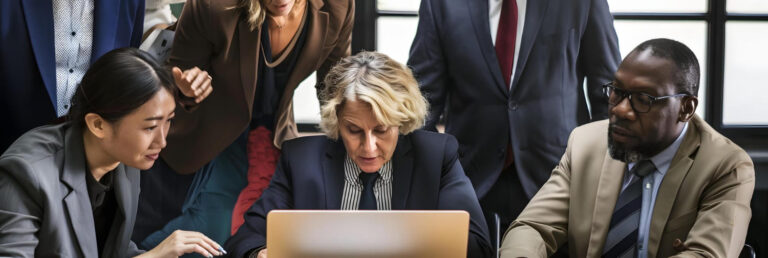 Représentation de plusieurs personnes autour d'une femme sur un ordinateur. Symbolisant une gestion de crise en entreprise.