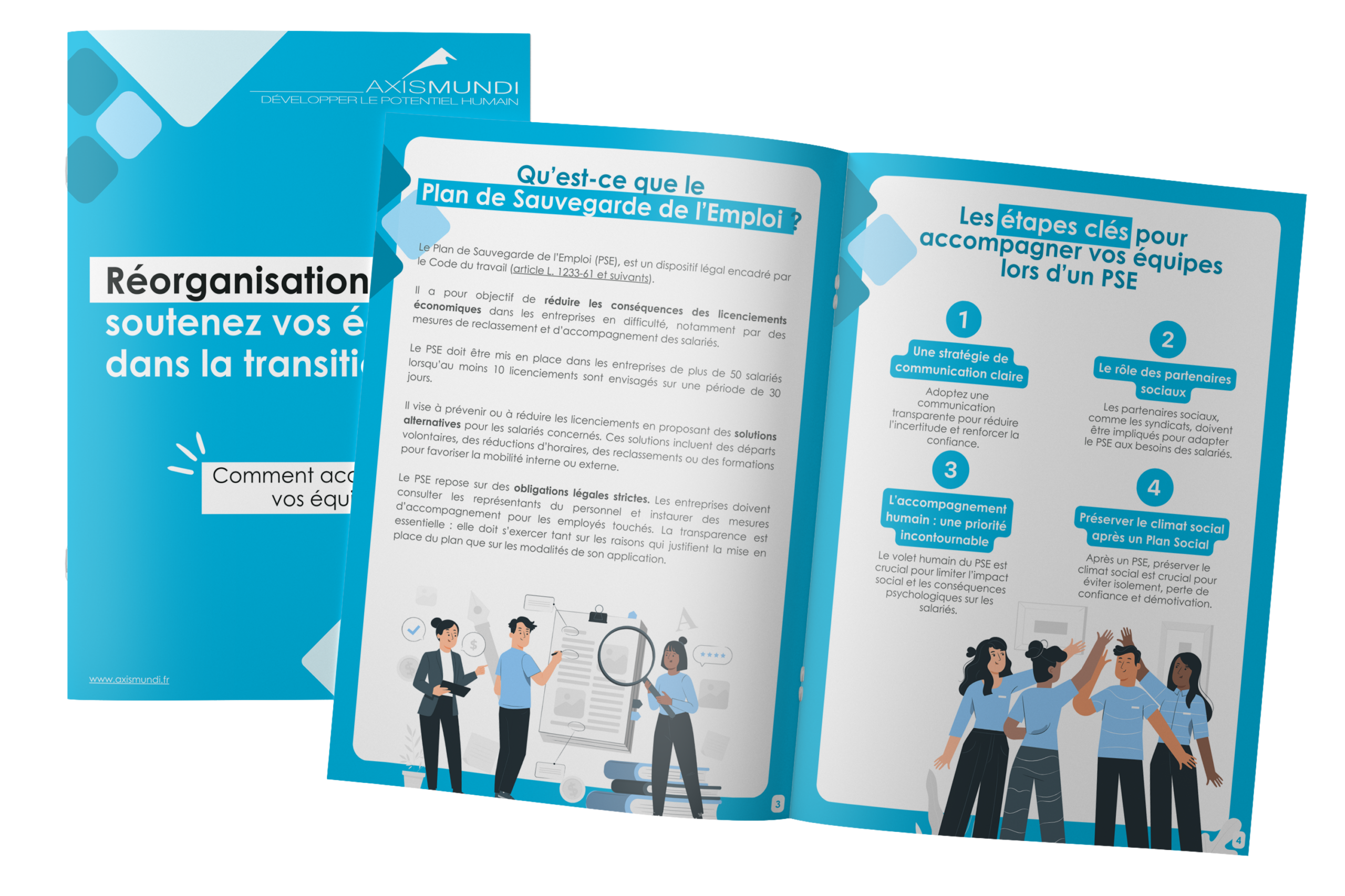 Mockup du guide 'Réorganisation : soutenez vos équipes dans la transition' expliquant les étapes clés pour accompagner vos équipes lors d'un Plan de Sauvegarde de l'Emploi (PSE).