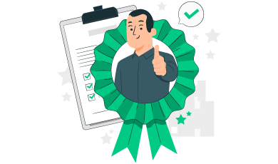 Illustration d'un homme avec un badge de validation, représentant la réussite dans le développement professionnel.