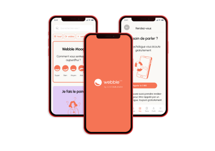 Visuel de l'application mobile Webble Care by AXIS MUNDI, affichant des fonctionnalités pour le suivi de l'humeur, des rendez-vous et le bien-être mental